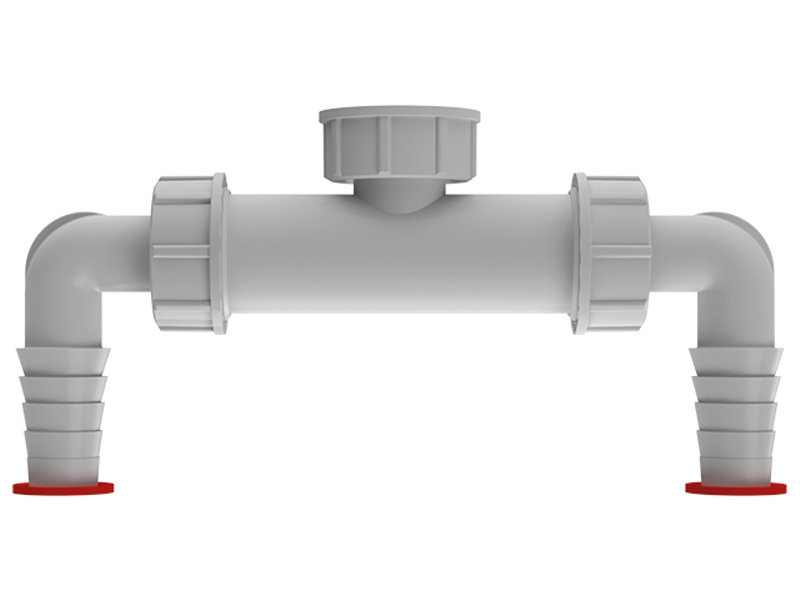 Dvojitá přípojka HL Hutterer & Lechner, 1˝x 3/4˝ pro pračku nebo myčku nádobí se zpětnými uzávěry