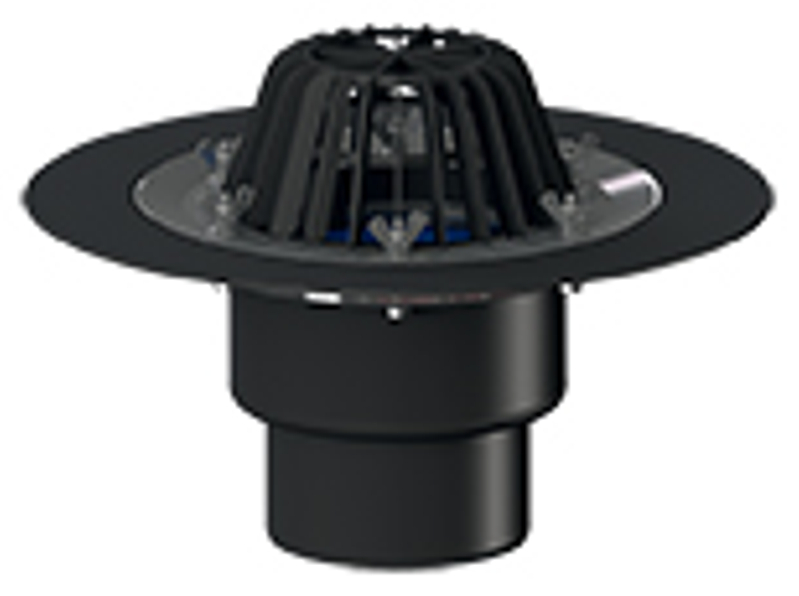 Střešní vtok HL Hutterer & Lechner, DN110 se svislým odtokem, s izolační přírubou a izolační svorkou, tepelně izolovaný. Záchytný koš standardní i plochý