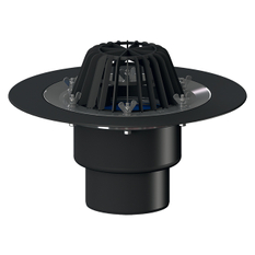 Střešní vtok HL Hutterer & Lechner, DN110 se svislým odtokem, s izolační přírubou a izolační svorkou, tepelně izolovaný. Záchytný koš standardní i plochý