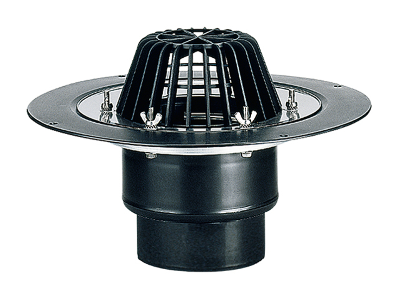 Střešní vtok HL Hutterer & Lechner, DN125 se svislým odtokem, s izolační přírubou a izolační svorkou, tepelně izolovaný. Záchytný koš standardní i plochý