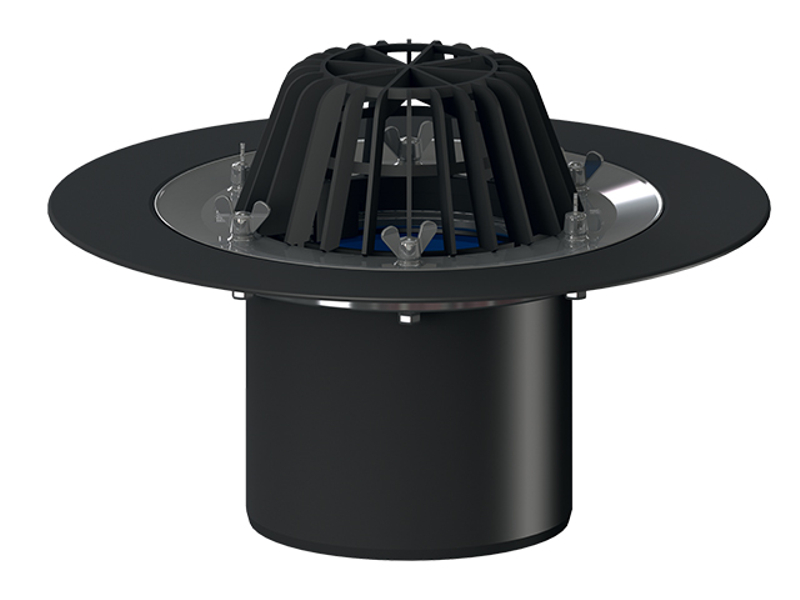 Střešní vtok HL Hutterer & Lechner, DN160 se svislým odtokem, s izolační přírubou a izolační svorkou, tepelně izolovaný. Záchytný koš standardní i plochý