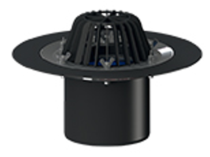 Střešní vtok HL Hutterer & Lechner, DN160 se svislým odtokem, s izolační přírubou a izolační svorkou, tepelně izolovaný. Záchytný koš standardní i plochý