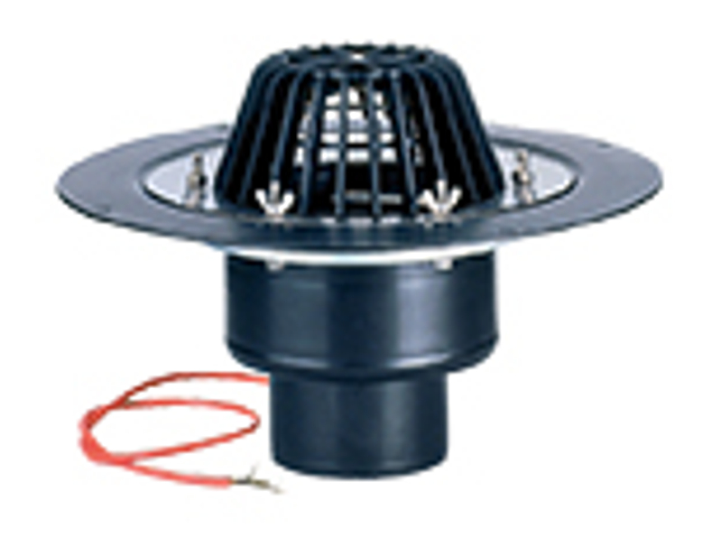 Střešní vtok HL Hutterer & Lechner, DN110 se svislým odtokem, s izolační přírubou a izolační svorkou, s elektrickým ohřevem (10-30W, 230V). Záchytný koš standardní i plochý