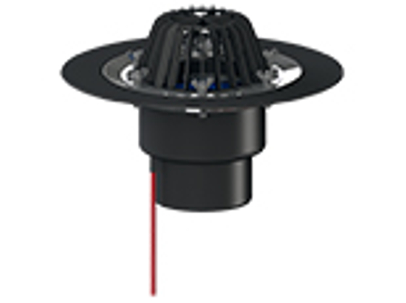 Střešní vtok HL Hutterer & Lechner, DN125 se svislým odtokem, s izolační přírubou a izolační svorkou, s elektrickým ohřevem (10-30W, 230V). Záchytný koš standardní i plochý