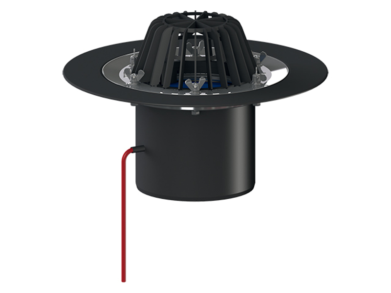 Střešní vtok HL Hutterer & Lechner, DN160 se svislým odtokem, s izolační přírubou a izolační svorkou, s elektrickým ohřevem (10-30W, 230V). Záchytný koš standardní i plochý