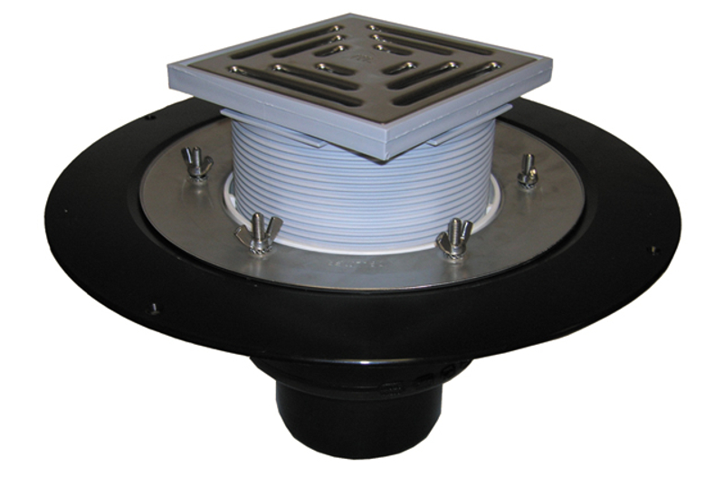 Střešní vtok HL Hutterer & Lechner, DN125 se svislým odtokem v provedení pro pochůzné střechy, s izolační přírubou a izolační svorkou, tepelně izolovaný, nástavec 148x148mm/137x137mm. Záchytný koš plochý