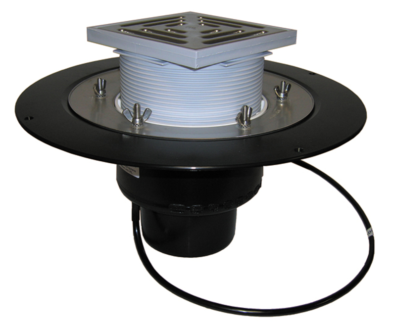 Střešní vtok HL Hutterer & Lechner, DN110 se svislým odtokem v provedení pro pochůzné střechy, s izolační přírubou a izolační svorkou, s elektrickým ohřevem (10-30W, 230V), nástavec 148x148mm/137x137mm. Záchytný koš plochý