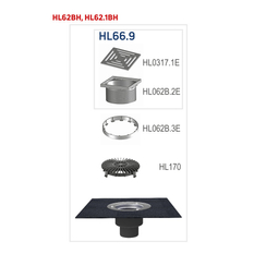 Střešní vtok HL Hutterer & Lechner, DN110 se svislým odtokem v provedení pro pochůzné střechy, s asfaltovou manžetou, tepelně izolovaný, nástavec 148x148mm/137x137mm. Záchytný koš plochý