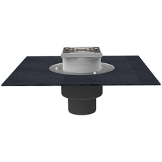 Střešní vtok HL Hutterer & Lechner, DN160 se svislým odtokem v provedení pro pochůzné střechy, s asfaltovou manžetou, tepelně izolovaný, nástavec 148x148mm/137x137mm. Záchytný koš plochý