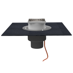 Střešní vtok HL Hutterer & Lechner, DN75 se svislým odtokem v provedení pro pochůzné střechy, s asfaltovou manžetou, s elektrickým ohřevem(10-30W, 230V), nástavec 148x148/137x137mm. Záchytný koš plochý