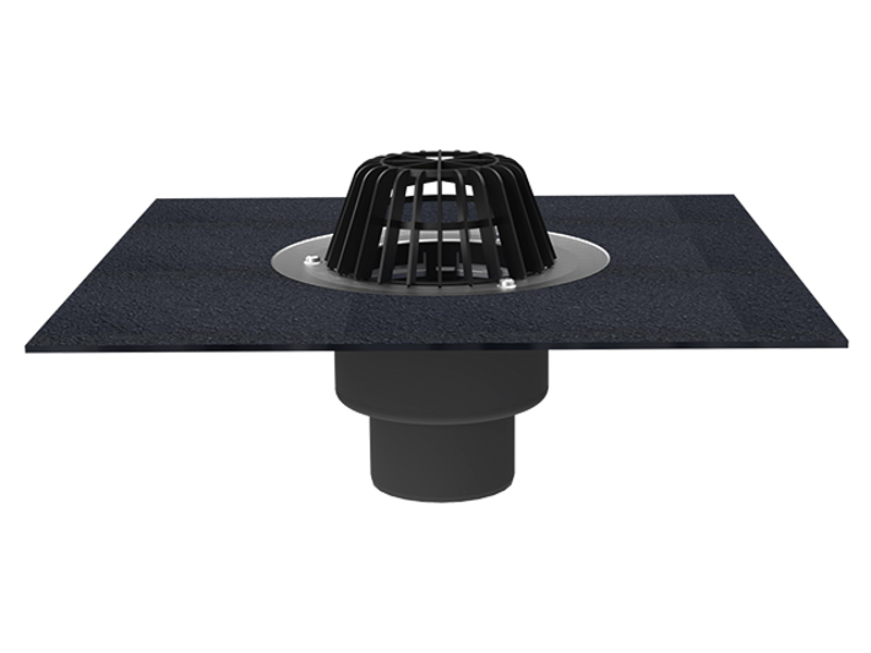 Střešní vtok HL Hutterer & Lechner, DN110 se svislým odtokem, s asfaltovou manžetou, tepelně izolovaný. Záchytný koš standardní i plochý