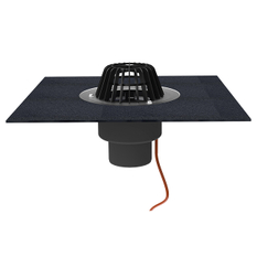 Střešní vtok HL Hutterer & Lechner, DN75 se svislým odtokem, s asfaltovou manžetou, s elektrickým ohřevem(10-30W, 230V). Záchytný koš standardní i plochý