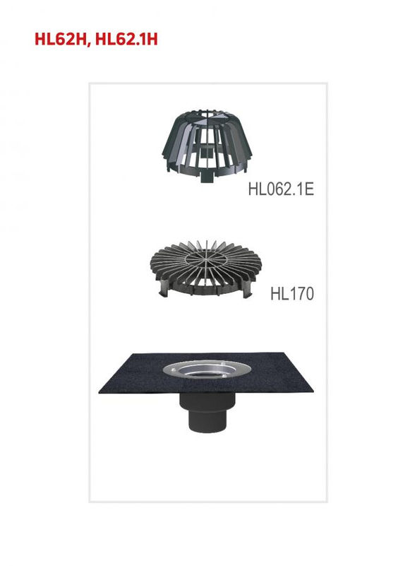 Střešní vtok HL Hutterer & Lechner, DN125 se svislým odtokem, s asfaltovou manžetou, s elektrickým ohřevem(10-30W, 230V). Záchytný koš standardní i plochý
