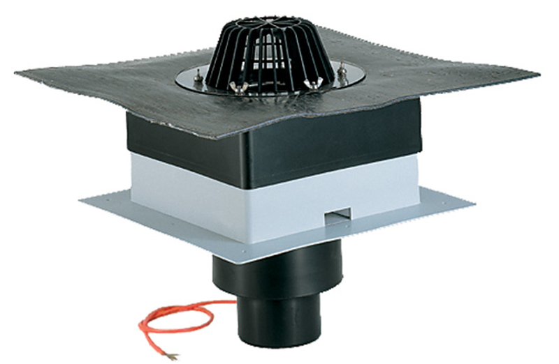 Střešní vtok ˝DrainBox˝ HL Hutterer & Lechner, DN75 se svislým odtokem, s asfaltovou manžetou, tepelně izolovaný (100-160mm). Záchytný koš standardní i plochý. S elektrickým ohřevem (10-30W, 230V)