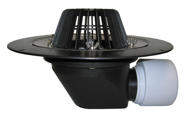 Střešní vtok HL Hutterer & Lechner, DN75/110 s ležatým odtokem, s izolační přírubou a izolační svorkou, tepelně izolovaný. Záchytný koš standardní i plochý