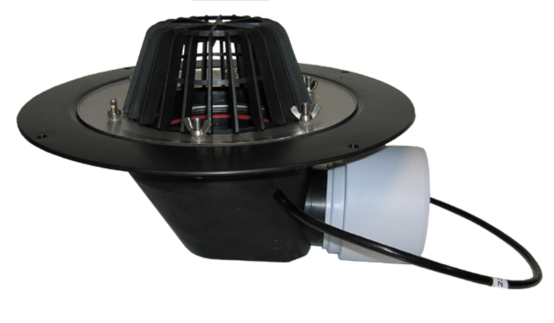 Střešní vtok HL Hutterer & Lechner, DN75/110 s ležatým odtokem, s izolační přírubou a izolační svorkou, s elektrickým ohřevem(10-30W, 230V). Záchytný koš standardní i plochý