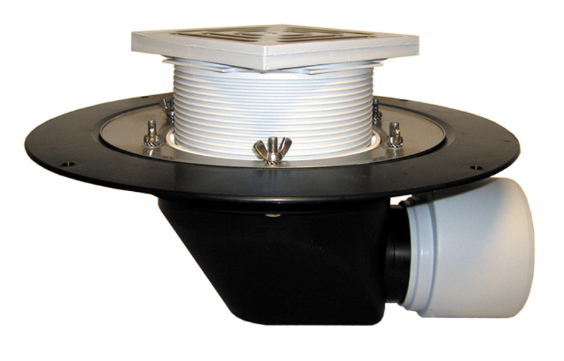 Střešní vtok HL Hutterer & Lechner, DN75/110 s ležatým odtokem v provedení pro pochůzné střechy, s izolační přírubou a izolační svorkou, tepelně izolovaný, nástavec 148x148mm/137x137mm. Záchytný koš plochý