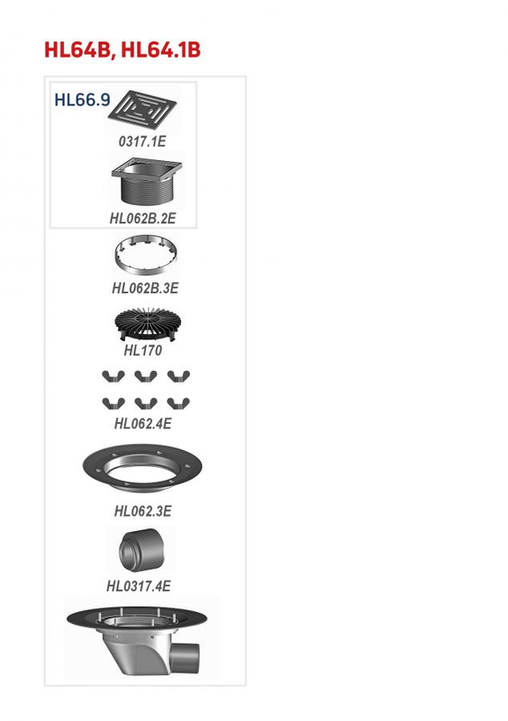 Střešní vtok HL Hutterer & Lechner, DN75/110 s ležatým odtokem v provedení pro pochůzné střechy, s izolační přírubou a izolační svorkou, s elektrickým ohřevem(10-30W, 230V), nástavec 148x148mm/137x137mm. Záchytný koš plochý