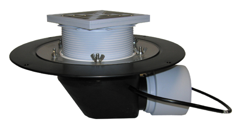 Střešní vtok HL Hutterer & Lechner, DN75/110 s ležatým odtokem v provedení pro pochůzné střechy, s izolační přírubou a izolační svorkou, s elektrickým ohřevem(10-30W, 230V), nástavec 148x148mm/137x137mm. Záchytný koš plochý