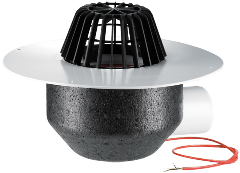 Střešní vtok HL Hutterer & Lechner, DN75 s ležatým odtokem, s PVC izolační přírubou, pro měkčené PVC hydroizolační fólie, s elektrickým ohřevem(10-30W, 230V). Záchytný koš standardní i plochý