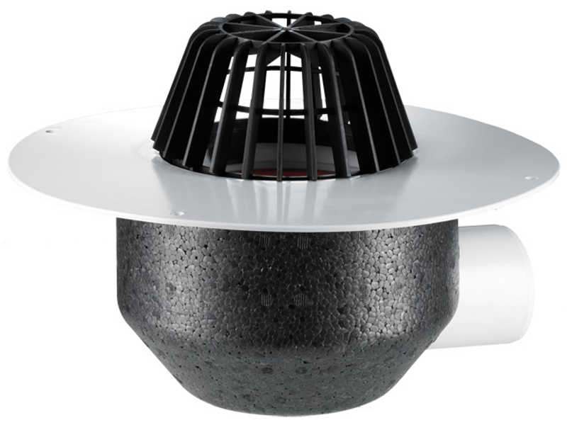 Střešní vtok HL Hutterer & Lechner, DN75 s ležatým odtokem, s PVC izolační přírubou, pro měkčené PVC hydroizolační fólie, tepelně izolovaný. Záchytný koš standardní i plochý