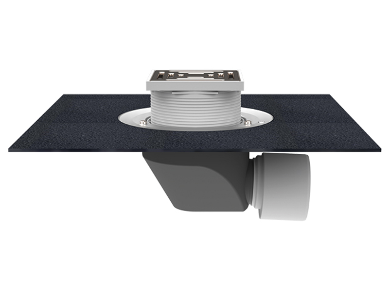 Střešní vtok HL Hutterer & Lechner, DN75/110 s ležatým odtokem v provedení pro pochůzné střechy, s asfaltovou manžetou, tepelně izolovaný, nástavec 148x148mm/137x137mm. Záchytný koš plochý
