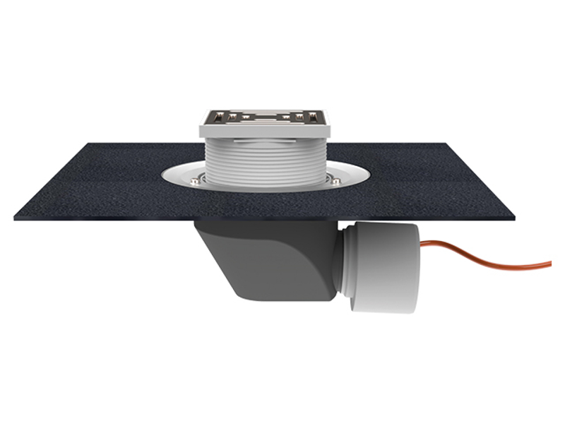 Střešní vtok HL Hutterer & Lechner, DN75/110 s ležatým odtokem v provedení pro pochůzné střechy, s asfaltovou manžetou, s elektrickým ohřevem(10-30W, 230V), nástavec 148x148mm/137x137mm. Záchytný koš plochý