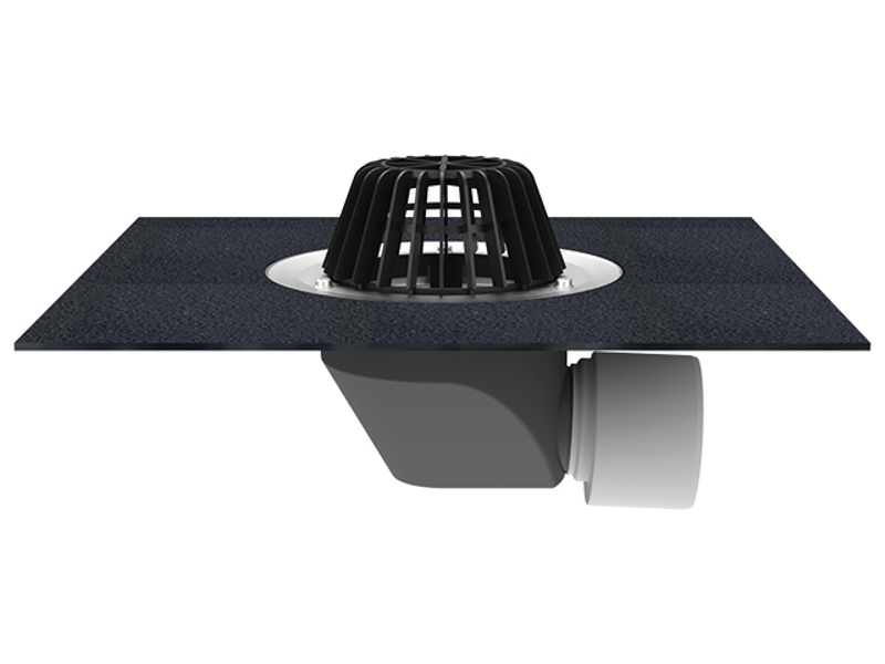 Střešní vtok HL Hutterer & Lechner, DN75/110 s ležatým odtokem, s asfaltovou manžetou, tepelně izolovaný. Záchytný koš standardní i plochý