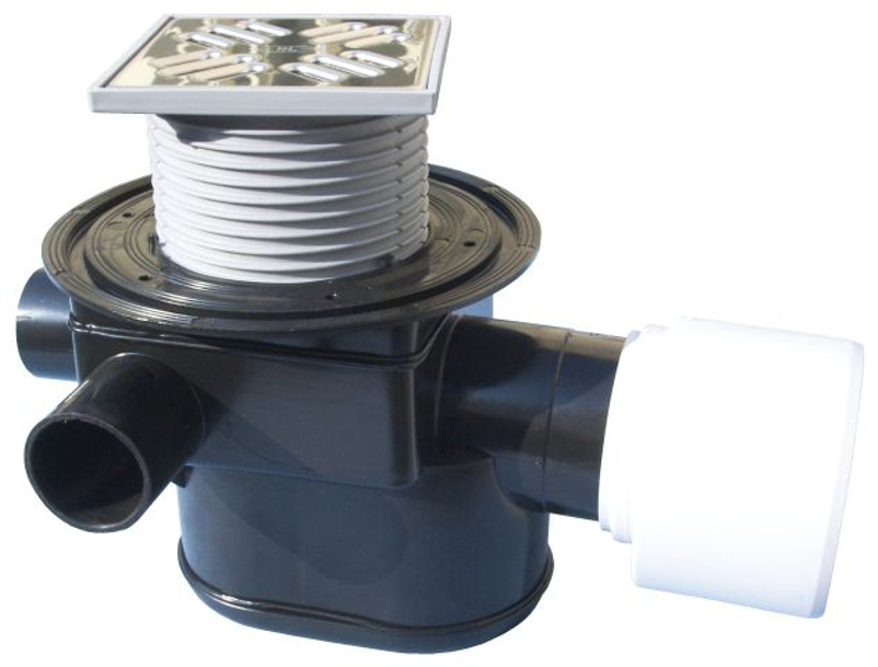 Podlahová vpust HL Hutterer & Lechner, DN75/110 s ležatým odtokem, s uzávěrem proti vzduté vodě, 3 přítokové trubky DN40/50, plast 123x123mm/nerez 115x115mm. Typ 4 dle ČSN13564