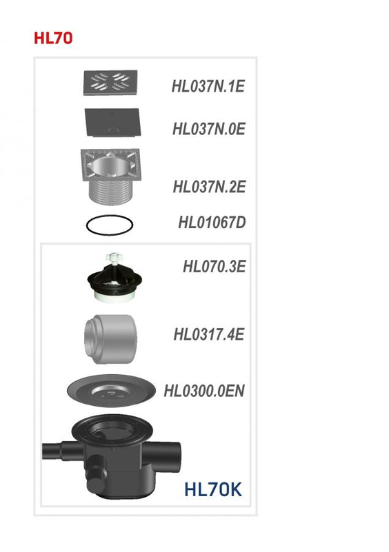 Podlahová vpust HL Hutterer & Lechner, DN75/110 s ležatým odtokem, s uzávěrem proti vzduté vodě, 3 přítokové trubky DN40/50, plast 123x123mm/nerez 115x115mm. Typ 4 dle ČSN13564