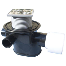 Podlahová vpust HL Hutterer & Lechner, DN75/110 s ležatým odtokem, s uzávěrem proti vzduté vodě, 3 přítokové trubky DN40/50, plast 123x123mm/nerez 115x115mm. Typ 4 dle ČSN13564