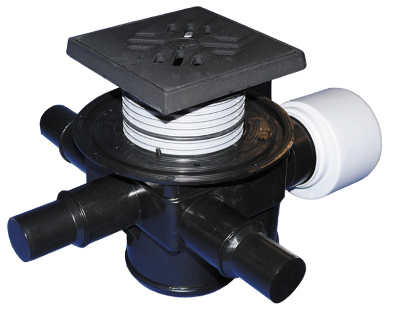 Podlahová vpust HL Hutterer & Lechner, DN75/110 s ležatým odtokem, s uzávěrem proti vzduté vodě, 3 přítokové trubky DN40/50, litina 150x150mm/litina 137x137mm. Typ 4 dle ČSN13564