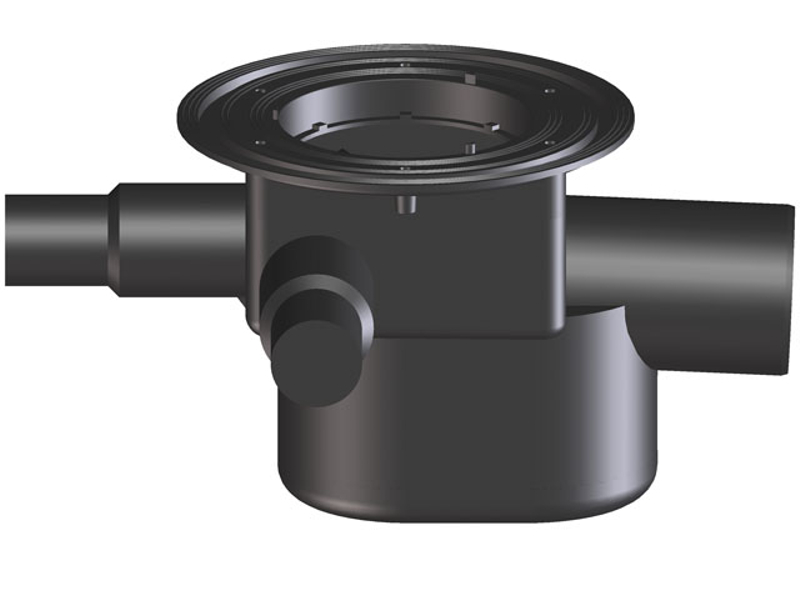 Těleso podlahové vpusti HL Hutterer & Lechner, DN75/110 s ležatým odtokem, s uzávěrem proti vzduté vodě, 3 přítokové trubky DN40/50. Typ 4 dle ČSN13564