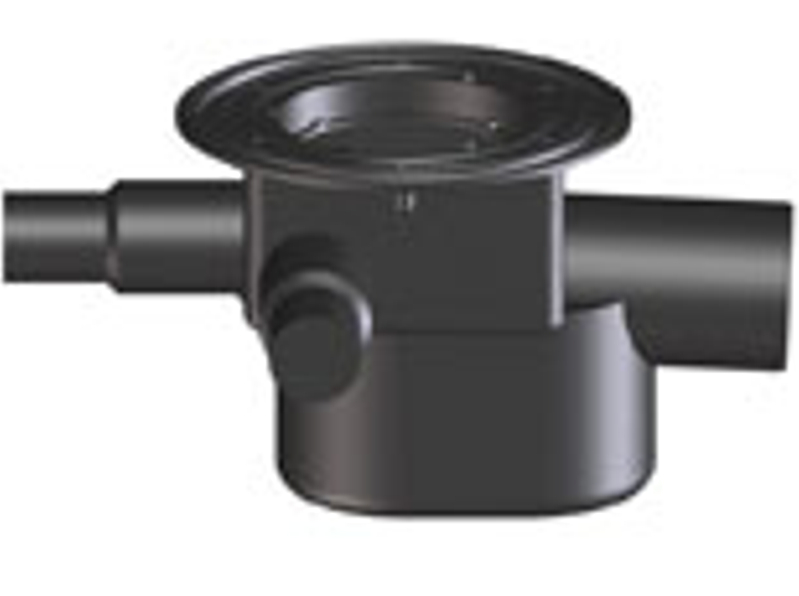 Těleso podlahové vpusti HL Hutterer & Lechner, DN75/110 s ležatým odtokem, s uzávěrem proti vzduté vodě, 3 přítokové trubky DN40/50. Typ 4 dle ČSN13564