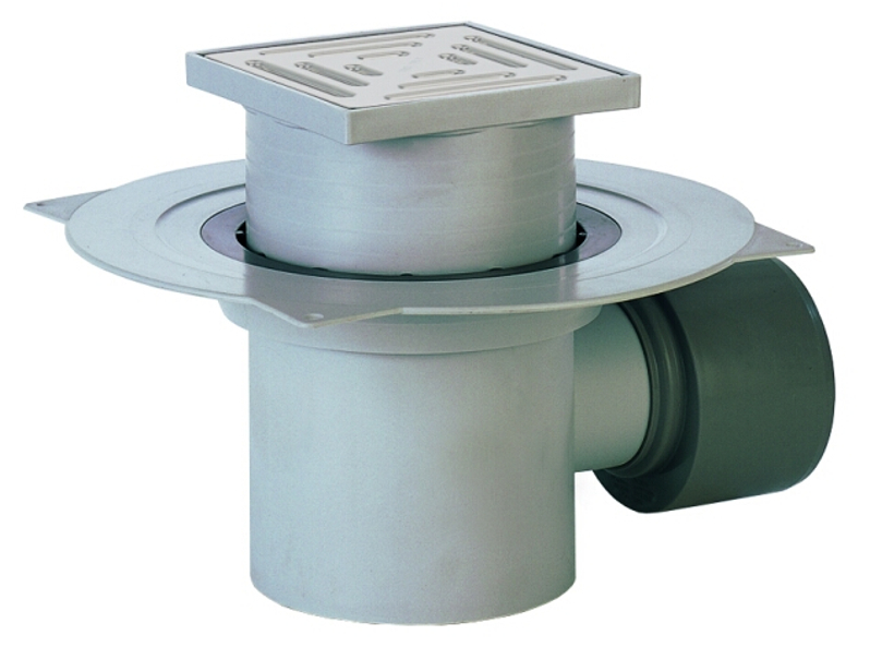 Podlahová vpust HL Hutterer & Lechner, DN110 s ležatým odtokem a izolační přírubou, plast 147x147mm/plast 138x138mm, sítko