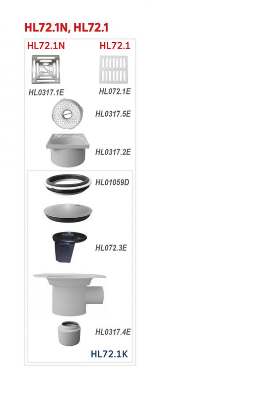 Podlahová vpust HL Hutterer & Lechner, DN110 s ležatým odtokem a izolační přírubou, plast 147x147mm/plast 138x138mm, sítko