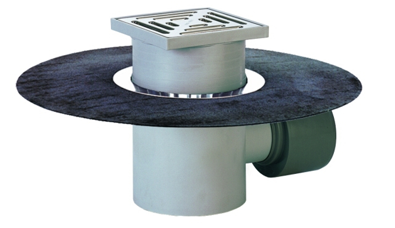 Podlahová vpust HL Hutterer & Lechner, DN110 s ležatým odtokem s asfaltovou manžetou, plast 147x147mm/nerez 138x138mm, sítko