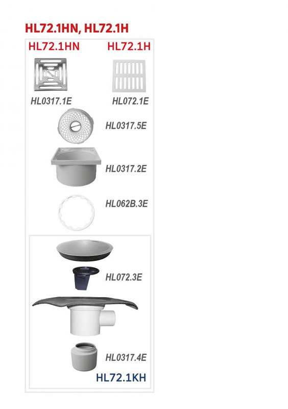 Podlahová vpust HL Hutterer & Lechner, DN110 s ležatým odtokem s asfaltovou manžetou, plast 147x147mm/nerez 138x138mm, sítko