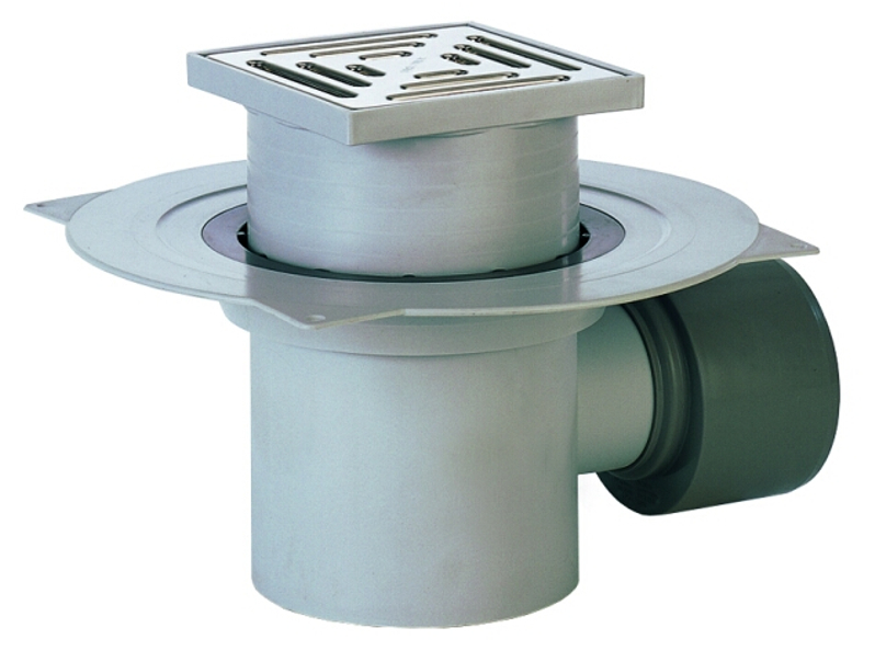 Podlahová vpust HL Hutterer & Lechner, DN110 s ležatým odtokem a izolační přírubou, plast 147x147mm/nerez 138x138mm, sítko