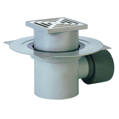 Podlahová vpust HL Hutterer & Lechner, DN110 s ležatým odtokem a izolační přírubou, plast 147x147mm/nerez 138x138mm, sítko