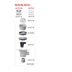 Podlahová vpust HL Hutterer & Lechner, DN110 s ležatým odtokem a izolační přírubou, plast 147x147mm/nerez 138x138mm, sítko