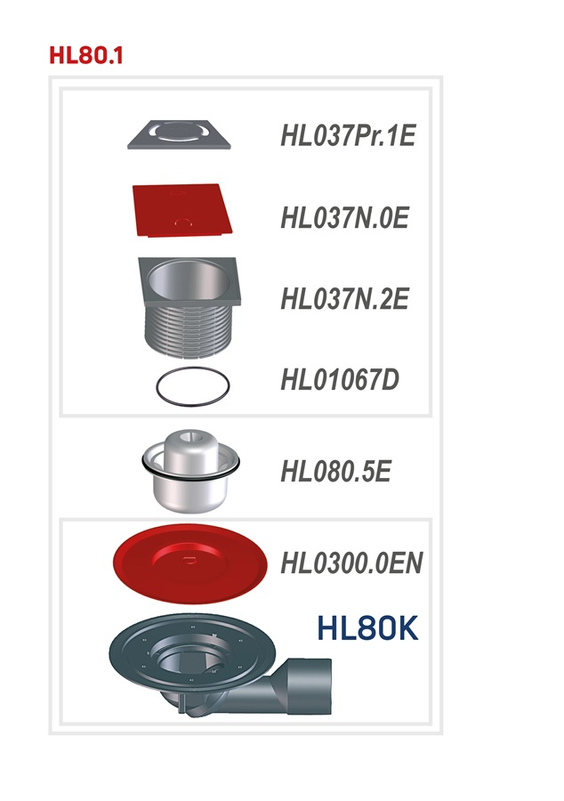Podlahová vpust HL Hutterer & Lechner, DN50/75 s otočným kloubem na odtoku, s izolační přírubou, ZU standard - vodní, plast 123x123mm/ nerez 115x115mm