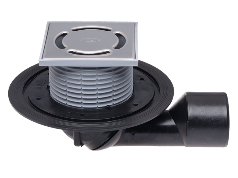Podlahová vpust HL Hutterer & Lechner, DN50/75 s otočným kloubem na odtoku, s izolační přírubou, ZU standard - vodní, plast 123x123mm/ nerez 115x115mm