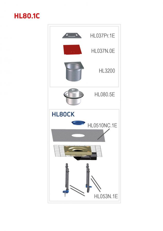 Podlahová vpust HL Hutterer & Lechner, DN50/75 s kloubem, s límcem z polymerbetonu (na stěrkové izolace), ZU standard - vodní, plast 123x123mm/ nerez 115x115mm
