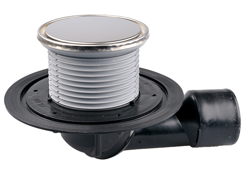 Podlahová vpust HL Hutterer & Lechner, DN50/75 s otočným kloubem na odtoku, s izolační přírubou, ZU standard - vodní, nástavec kruh nerez d 133mm/ nerez d 121mm