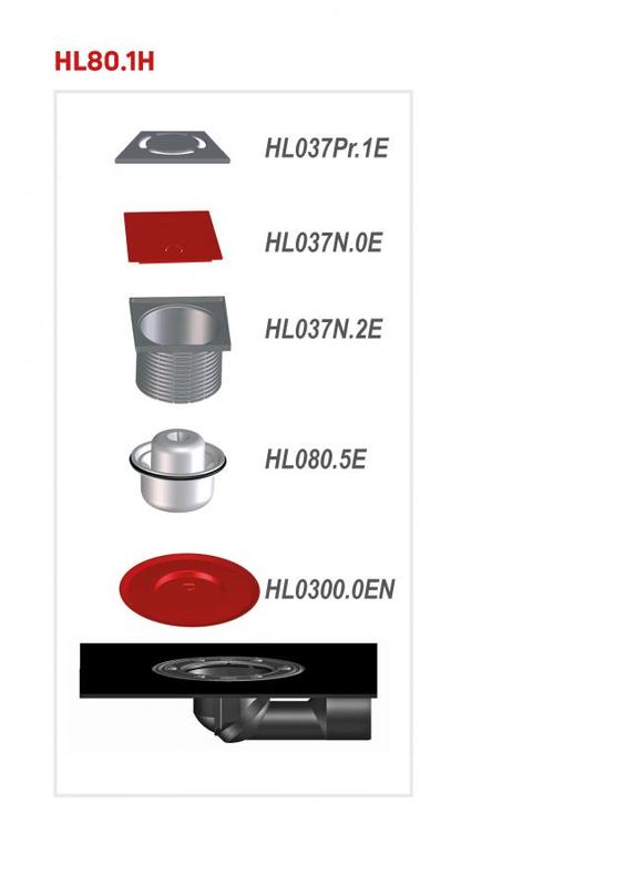 Podlahová vpust HL Hutterer & Lechner, DN50/75 s otočným kloubem na odtoku, s asfaltovou manžetou, ZU standard - vodní, plast 123x123mm/ nerez 115x115mm