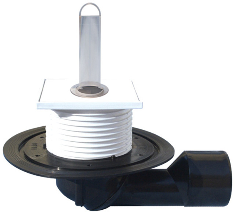 Podlahová vpust HL Hutterer & Lechner, DN50/75 s otočným kloubem na odtoku, s izolační přírubou, s nástavcem a těsnící deskou a otvorem 6/4˝ pro přepadovou trubicí 100mm