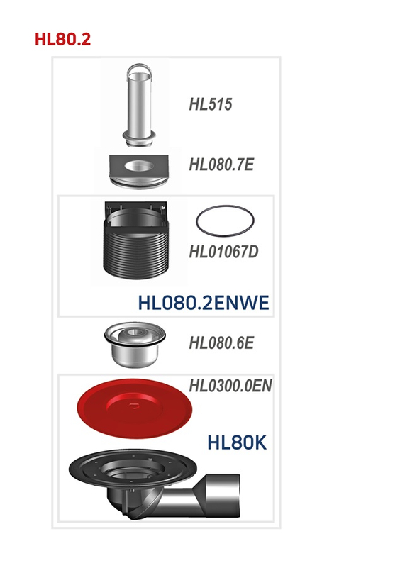 Podlahová vpust HL Hutterer & Lechner, DN50/75 s otočným kloubem na odtoku, s izolační přírubou, s nástavcem a těsnící deskou a otvorem 6/4˝ pro přepadovou trubicí 100mm