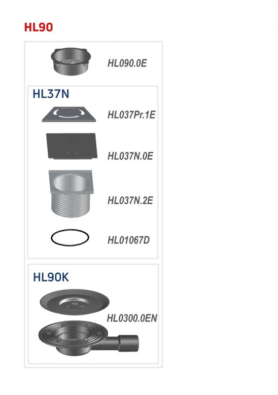 Balkónový a terasový vtok HL Hutterer & Lechner, DN40/50 s ležatým odtokem, s izolační přírubou, se sítkem na nečistoty, plast 123x123mm/nerez 115x115mm