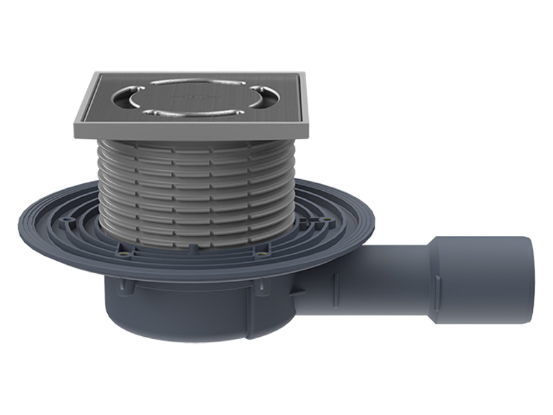 Balkónový a terasový vtok HL Hutterer & Lechner, DN40/50 s ležatým odtokem, s izolační přírubou, se sítkem na nečistoty, plast 123x123mm/nerez 115x115mm